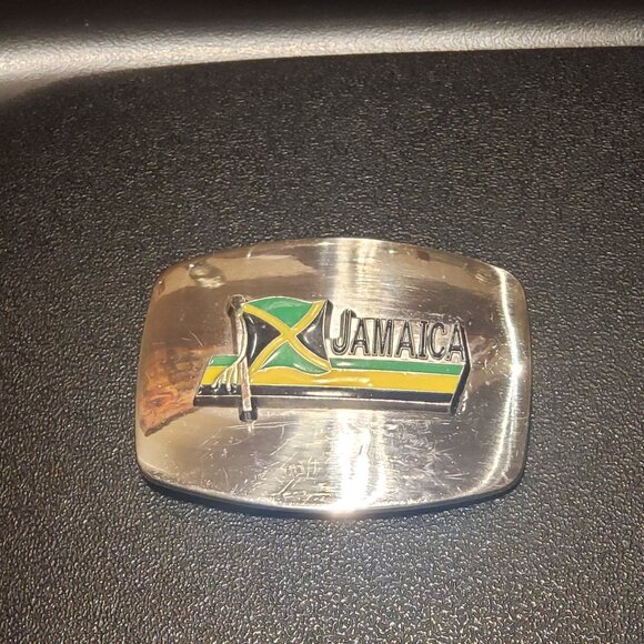 Jamaica Flag  Belt Buckle - Silver Metal- Vintage - Picture 1 of 5